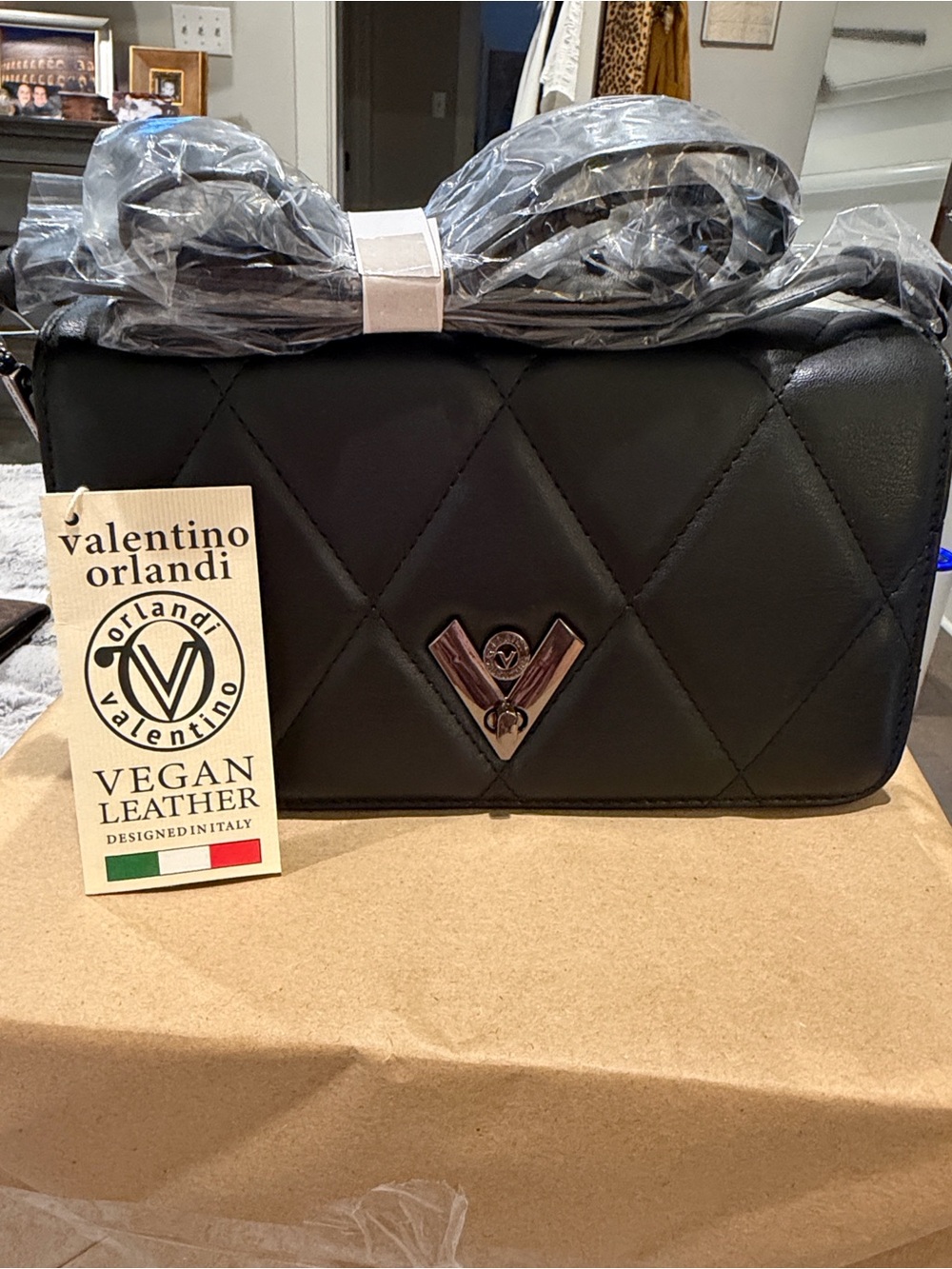 Valentino Orlandi Black Quilted Vegan Leather Crossbody with V Emblem